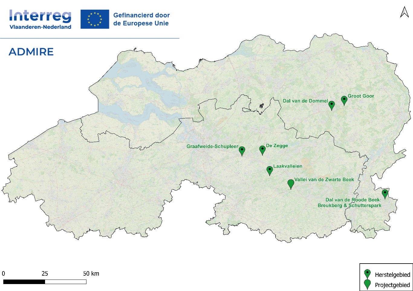 Overzichtskaart projectgebieden België - Nederland